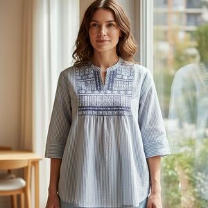 BiBa Embroidered Beaded Stripes Tunic Top Boho Western Lagenlook Preppy